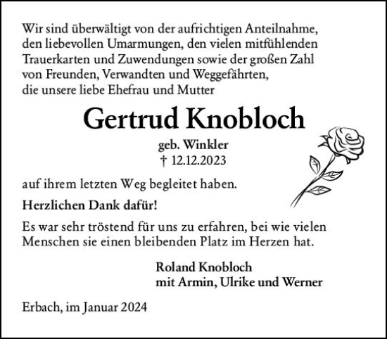 Traueranzeige von Gertrud Knobloch von Rheingau Kurier