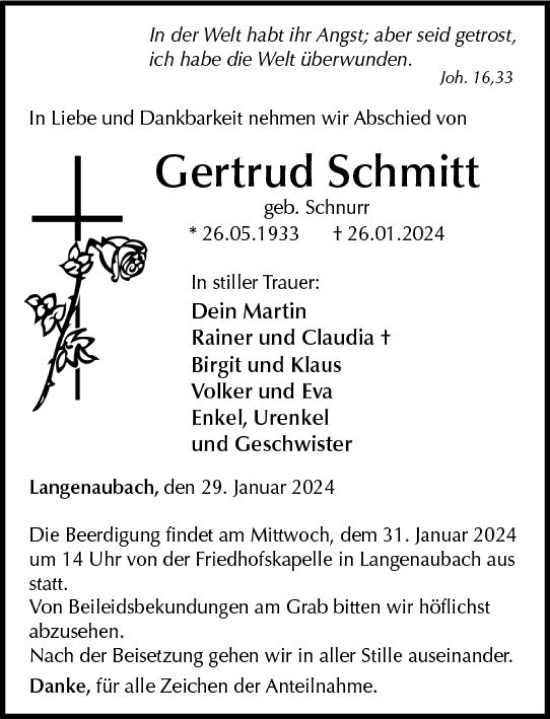 Traueranzeige von Gertrud Schmitt von Dill Block
