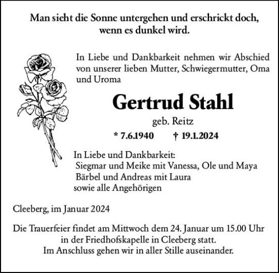 Traueranzeige von Gertrud Stahl von Wetzlarer Neue Zeitung