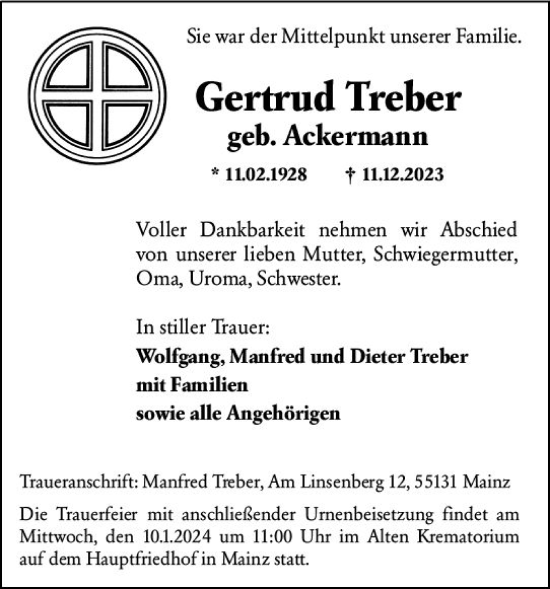 Traueranzeige von Gertrud Treber von Allgemeine Zeitung Mainz
