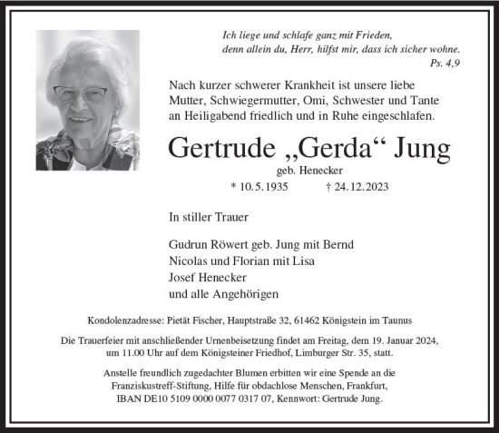 Traueranzeige von Gertrude Jung von Camberger Anzeiger