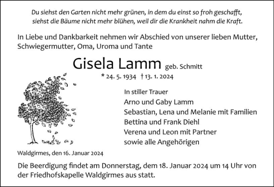 Traueranzeige von Gisela Lamm von Wetzlarer Neue Zeitung