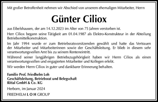 Traueranzeige von Günter Ciliox von Dill Block