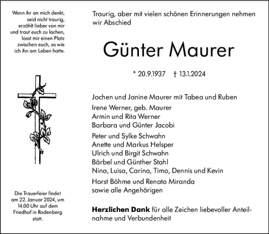 Traueranzeige von Günter Maurer von Dill Block