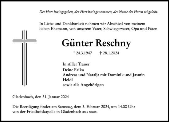 Traueranzeige von Günter Reschny von Hinterländer Anzeiger