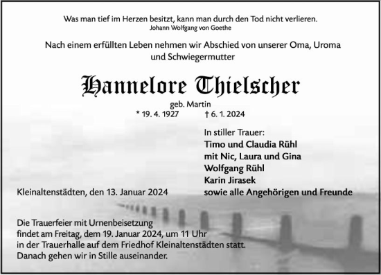 Traueranzeige von Hannelore Thielscher von Wetzlarer Neue Zeitung