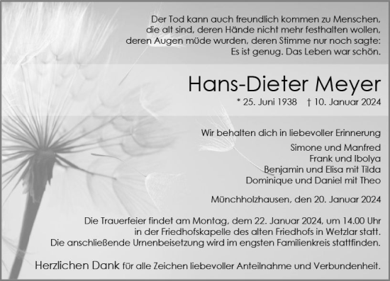 Traueranzeige von Hans-Dieter Meyer von Wetzlarer Neue Zeitung