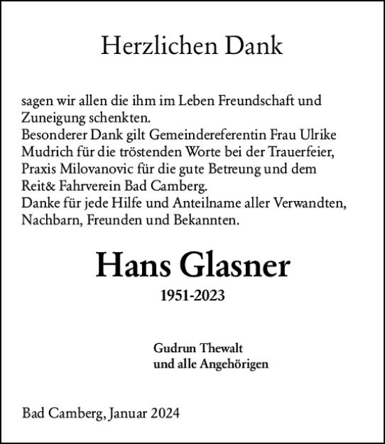 Traueranzeige von Hans Glasner von Camberger Anzeiger