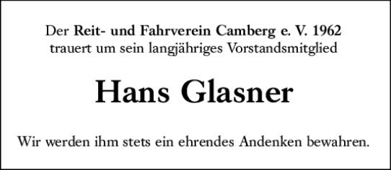 Traueranzeige von Hans Glasner von Camberger Anzeiger