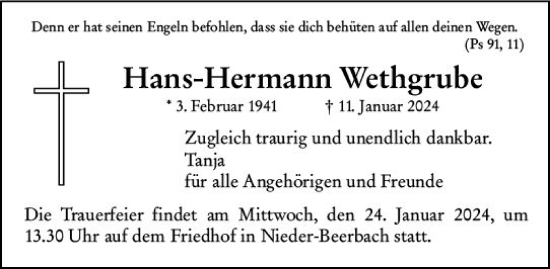Traueranzeige von Hans-Hermann Wethgrube von Darmstädter Echo