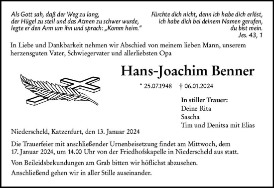 Traueranzeige von Hans-Joachim Benner von Dill Block