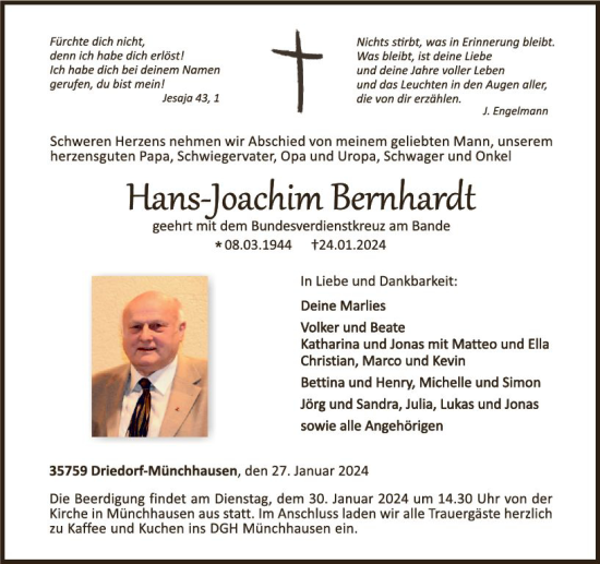 Traueranzeige von Hans-Joachim Bernhardt von Dill Block
