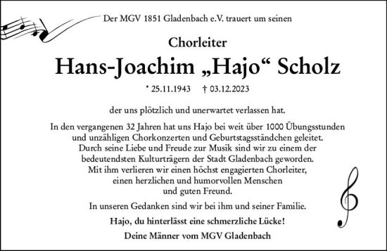 Traueranzeige von Hans-Joachim  Scholz von Hinterländer Anzeiger