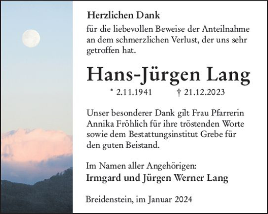Traueranzeige von Hans-Jürgen Lang von Hinterländer Anzeiger