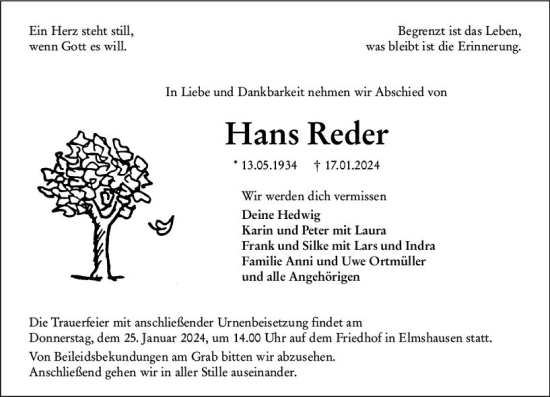 Traueranzeige von Hans Reder von Hinterländer Anzeiger