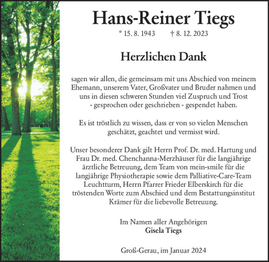 Traueranzeige von Hans-Reiner Tiegs von Groß-Gerauer Echo