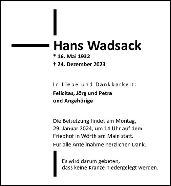 Traueranzeige von Hans Wadsack von Odenwälder Echo