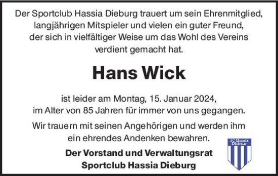 Traueranzeige von Hans Wick von Dieburger Anzeiger/Groß-Zimmerner Lokal-Anzeiger