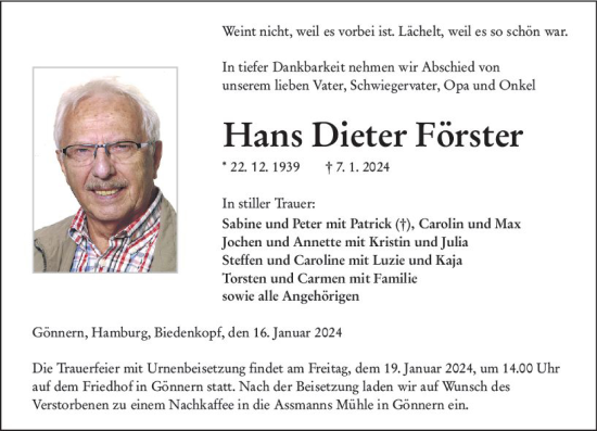 Traueranzeige von Hans Dieter Förster von Hinterländer Anzeiger