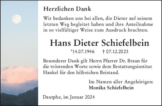 Traueranzeige von Hans Dieter Schiefelbein von Hinterländer Anzeiger