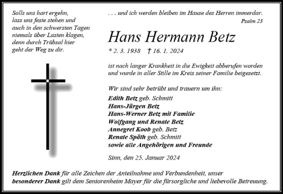 Traueranzeige von Hans Hermann Betz von Dill Block