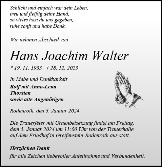 Traueranzeige von Hans Joachim Walter von Dill Block
