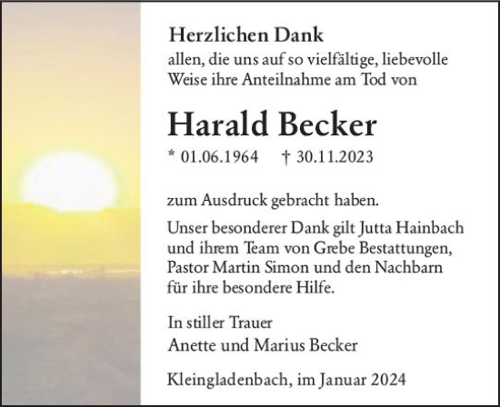 Traueranzeige von Harald Becker von Hinterländer Anzeiger