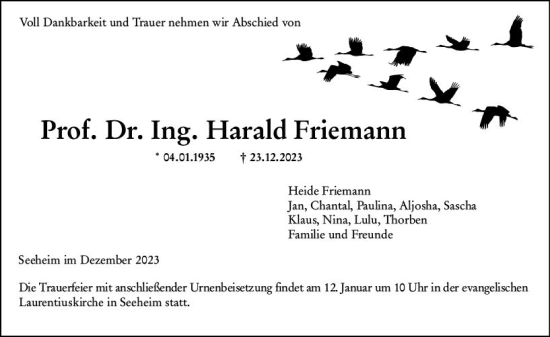 Traueranzeige von Harald Friemann von Darmstädter Echo