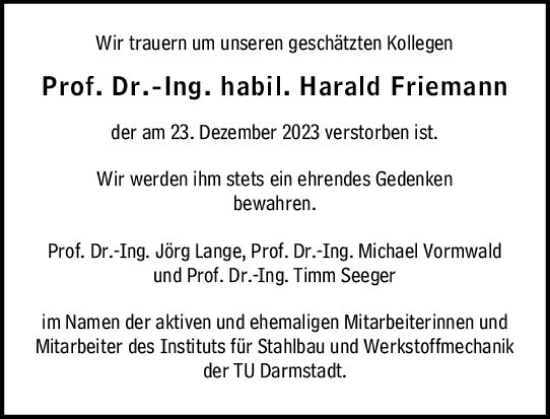 Traueranzeige von Harald Friemann von Darmstädter Echo