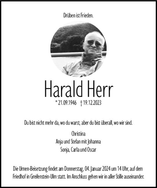 Traueranzeige von Harald Herr von Wetzlarer Neue Zeitung