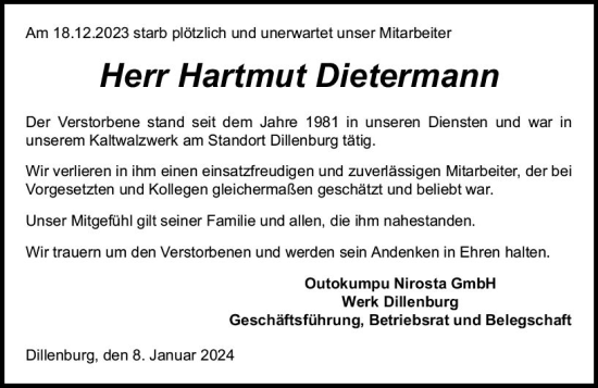 Traueranzeige von Hartmut Dietermann von Dill Block