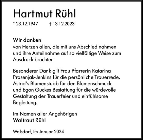 Traueranzeige von Hartmut Rühl von Camberger Anzeiger