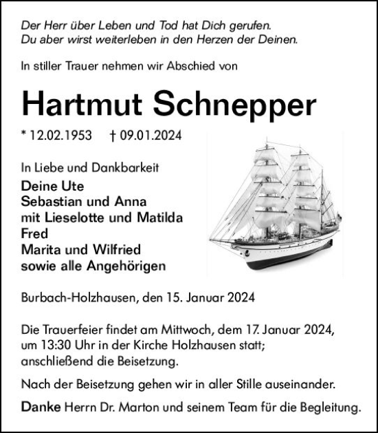 Traueranzeige von Hartmut Schnepper von Dill Block