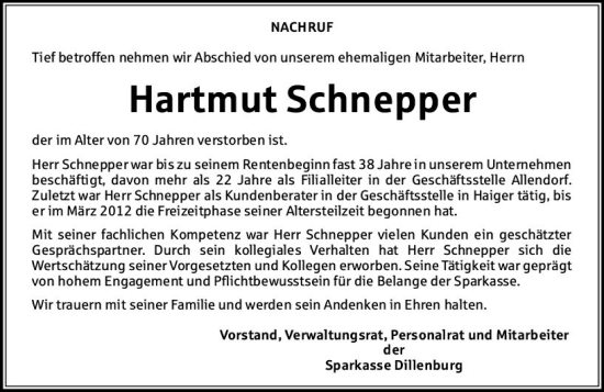 Traueranzeige von Hartmut Schnepper von Dill Block
