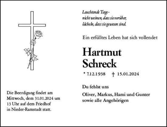 Traueranzeige von Hartmut Schreck von Darmstädter Echo