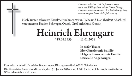 Traueranzeige von Heinrich Ehrengart von Wiesbadener Kurier