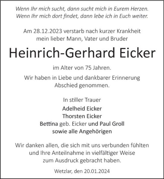 Traueranzeige von Heinrich-Gerhard Eicker von Wetzlarer Neue Zeitung
