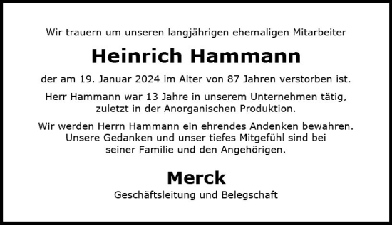 Traueranzeige von Heinrich Hammann von Darmstädter Echo