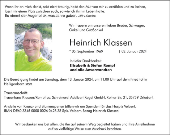 Traueranzeige von Heinrich Klassen von Dill Block