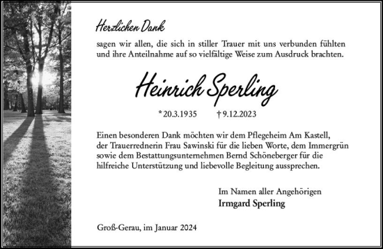 Traueranzeige von Heinrich Sperling von Groß-Gerauer Echo