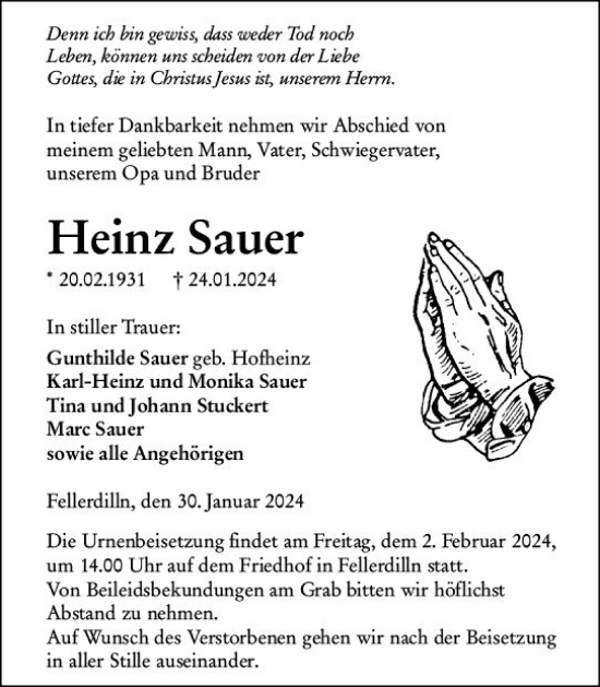 Traueranzeige von Heinz Sauer von Dill Block