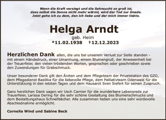 Traueranzeige von Helga Arndt von Odenwälder Echo