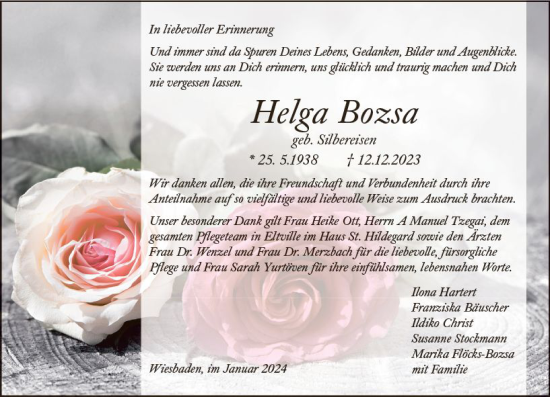 Traueranzeige von Helga Bozsa von Wiesbadener Kurier