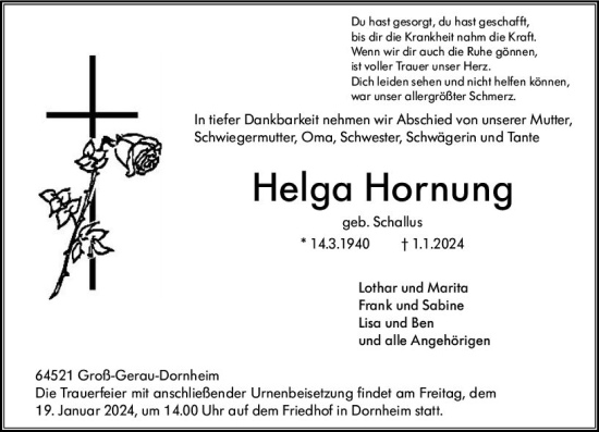 Traueranzeige von Helga Hornung von Groß-Gerauer Echo