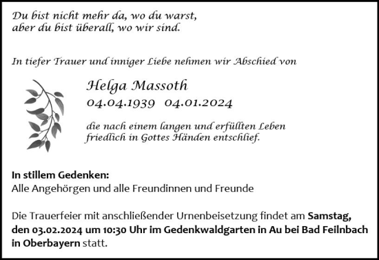 Traueranzeige von Helga Massoth von Darmstädter Echo