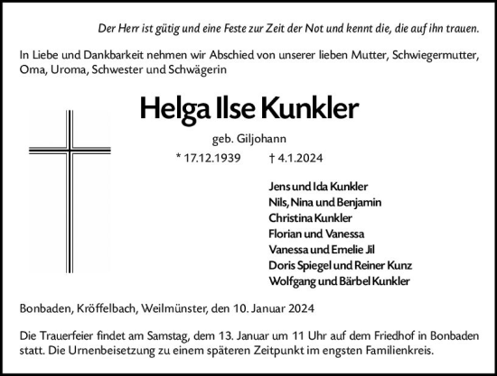 Traueranzeige von Helga Ilse Kunkler von Wetzlarer Neue Zeitung