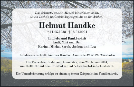 Traueranzeige von Helmut Handke von Wiesbadener Kurier
