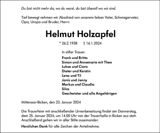 Traueranzeige von Helmut Holzapfel von Dill Block