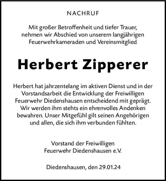 Traueranzeige von Herbert Zipperer von Hinterländer Anzeiger