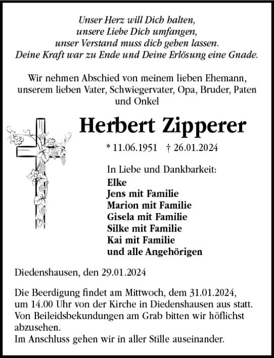 Traueranzeige von Herbert Zipperer von Hinterländer Anzeiger